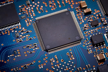 Close-up of electronic circuit board with processor of computer motherboard