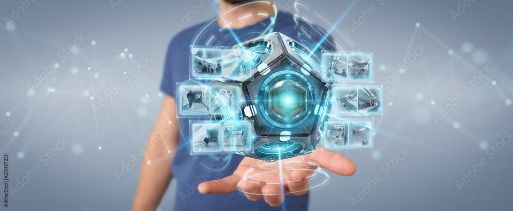 Poster businessman using futuristic drone security camera 3d rendering