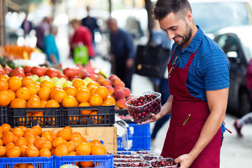 Handsome young salesman holding cherries box in health grocery shop.