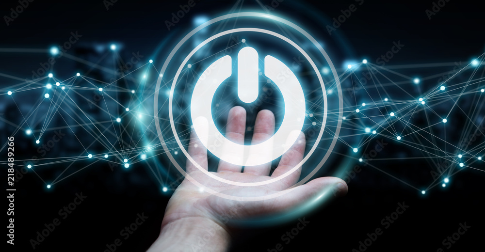 Poster Businessman using 3D render power button with connections
