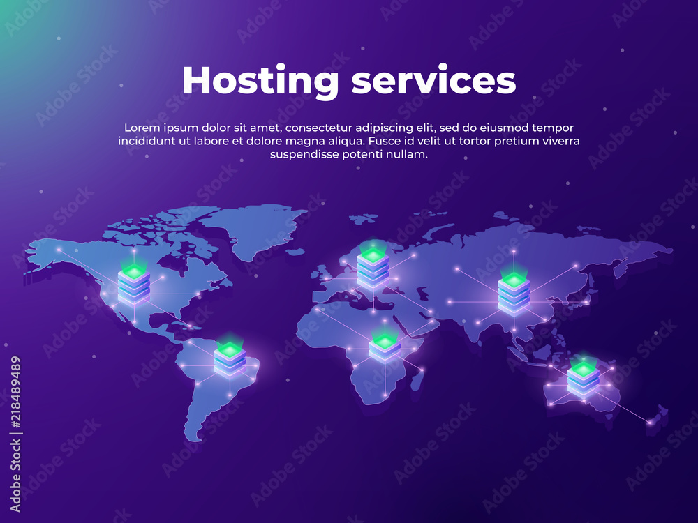 Fototapete computing services concept. servers on the world map. concept of big data processing, server room ra