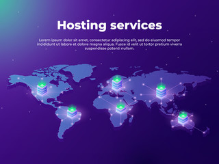 Computing services concept. Servers on the world map. Concept of big data processing, server room racks. Fast data transfer. vector illustration concepts of website and mobile app development. 