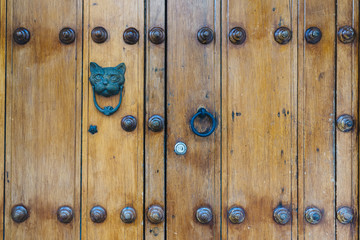 door knocker in the form of an cat head on an old wooden door - Cartagena / Colombia