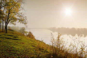 Autumn landscape, sunrise over the river and the forest, morning landscape_