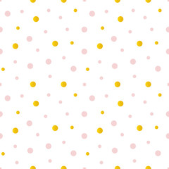 Cute vector seamless pattern background with pink and gold dots, confetti.
