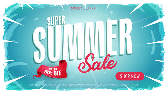 Summer Sale Template Banner/
Illustration of a wide blue summer sale template banner with colorful elements, typography and grunge frame