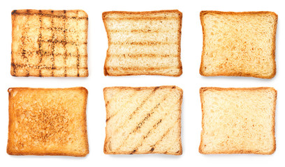 Set with crispy toast bread slices on white background