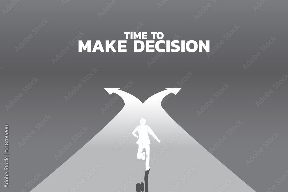 Poster silhouette of businessman running to crossroad. concept of time to make decision in business directi