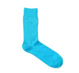 Blue sock on white background, top view
