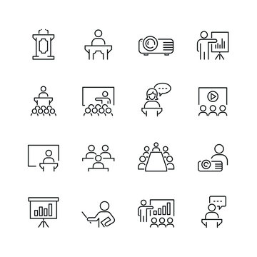 Business presentation related icons: thin vector icon set, black and white kit