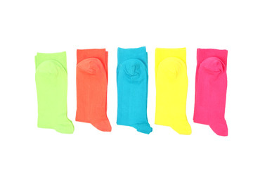 Obraz premium Flat lay composition with different colorful socks on white background