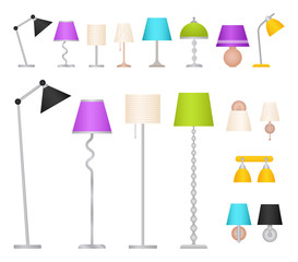 Lamp set. Vector. Table, floor, wall and work lamps in flat design. Collection lighting elements isolated on white background for room interior. Colorful cartoon illustration.