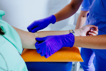 Adhesive bandage on arm after injection vaccine on medicine. Medical Equipment, Adhesive bandage on...