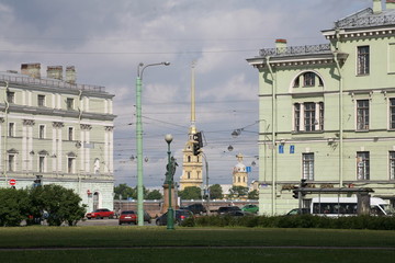 The view of the Cathedral of Saints Peter and Paul from the Mars square in St. Petersburg....