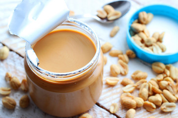 peanut butter in a glass jar.