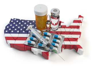 Health, healthcare, medicine and pharmacy in USA concept. Pills, vials and syringe on the map of United States isolated on white background.