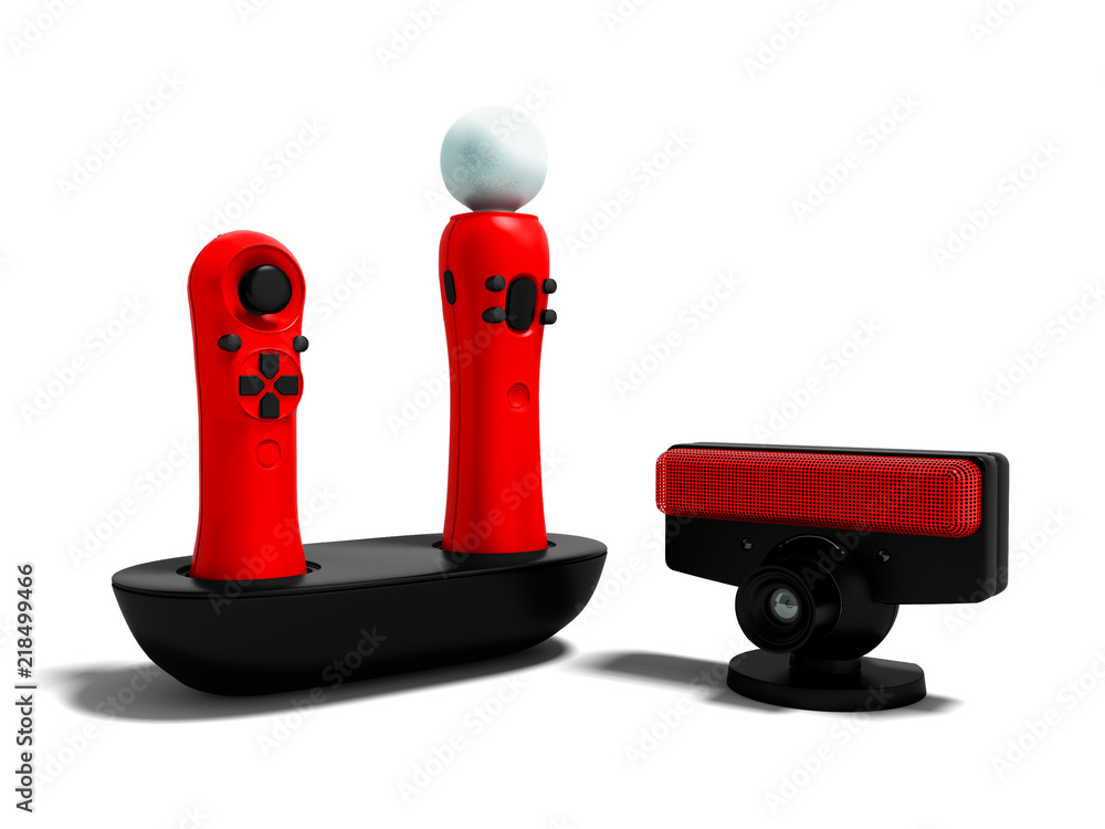 Poster modern red game controllers wireless for video games with motion sensors 3d render on white backgrou