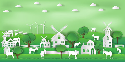 Obraz na płótnie Canvas landscape of goat farm and relax in the morning city on summer, fresh air in the park as nature, living , paper art and craft style concept. vector illustration