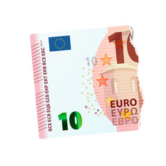 Realistic dummy of half ten euro banknote torn into two pieces isolated on white
