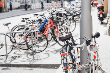 Fototapeta na wymiar Modern city Bicycles parked on the street