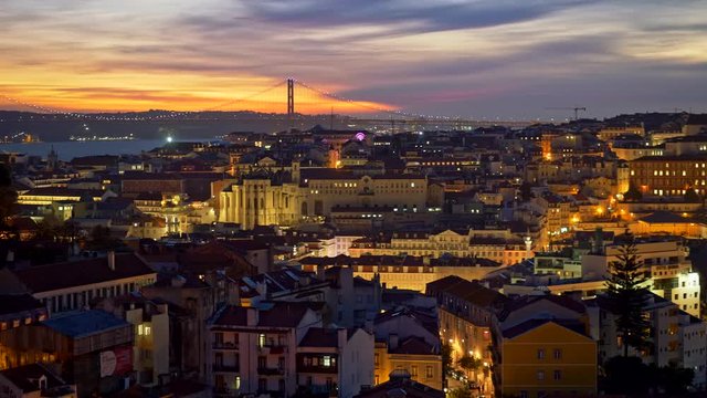 Evening Lisbon, Portugal. Panning shot after sunset.