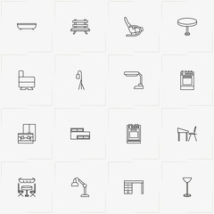 Furniture line icon set with bookshelf, round table  and wardrobe