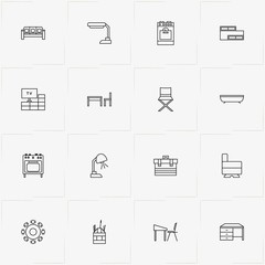 Furniture line icon set with bookshelf, table with chair and bath