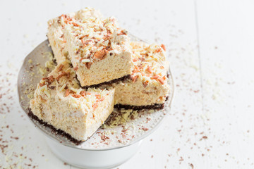 Closeup of cake with white chocolate and meringue
