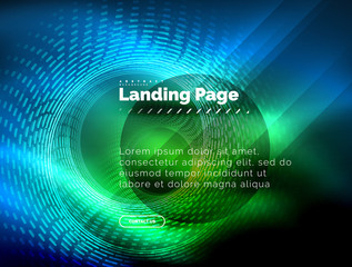 Neon glowing techno lines, hi-tech futuristic abstract background template with circles, landing page template