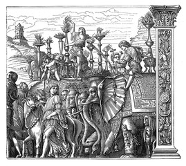 Vintage engraving of Triumphs of Caesar,  detail,painted by  Italian Renaissance artist Andrea Mantegna between 1484 and 1492 for the Gonzaga Duke of Mantua