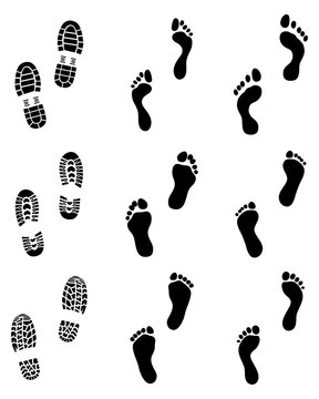 Black prints of human feet and shoes, vector illustration