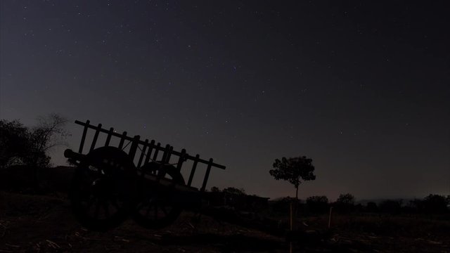 Time Lapse of the night sky in rural India with a bullock cart in the foreground.