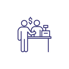 Customer at cashdesk line icon. Bank service, buying, financial advisor. Currency concept. Vector illustration can be used for topics like banking, finance, shopping