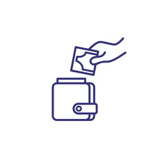 Hand putting money in wallet line icon. Completion of wallet, saving, earning. Bank concept. Vector illustration can be used for topics like money, banking, finance