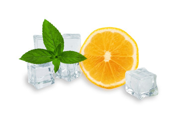 ice cubes with a sprig of mint and half an orange