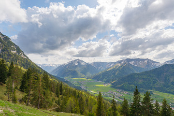 Fototapeta na wymiar Valley of Achenkirch, with lake Achensee, Austria, areal view