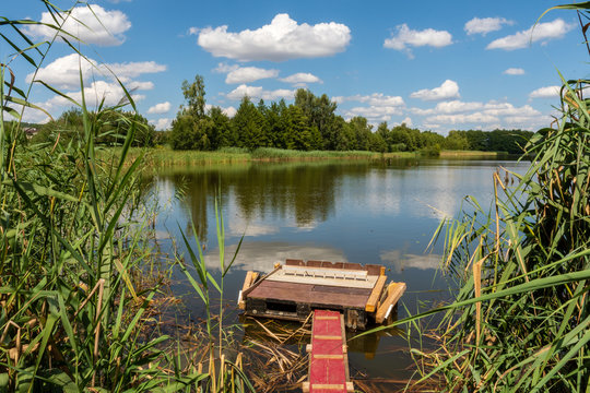 Passerelle pour p&egrave;cheurs sur l'&eacute;tang marais de la Ferme de Heide, Ham-sous-Varsberg, Moselle, Grand Est, France
