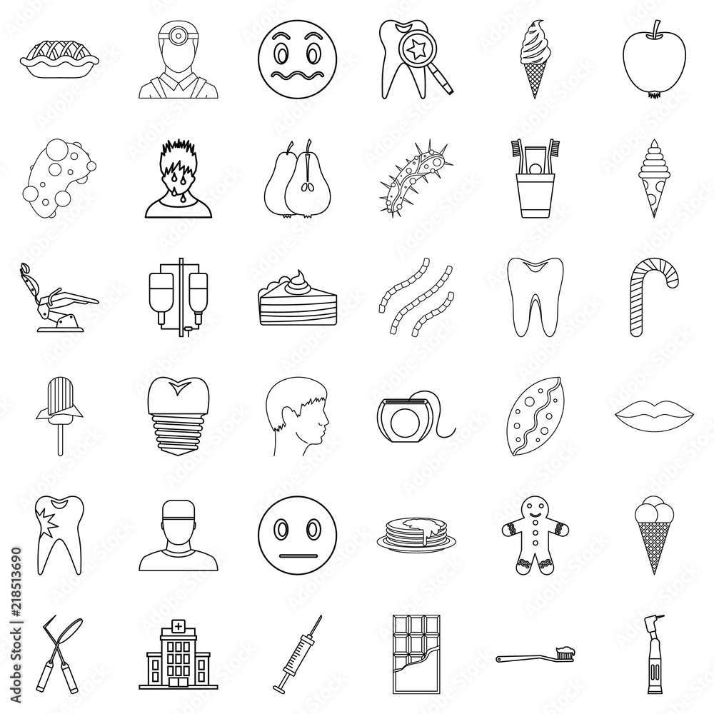 Poster tooth icons set. outline style of 36 tooth vector icons for web isolated on white background