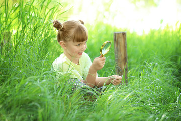 Little girl exploring plant outdoors. Summer camp