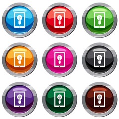 Idea lamp on gadget screen set icon isolated on white. 9 icon collection vector illustration