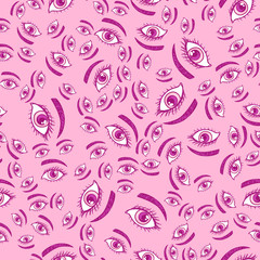 Girly eyes seamless pattern. Vector illustration isolated on pink background.