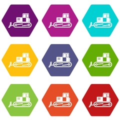 Bulldozer icon set many color hexahedron isolated on white vector illustration