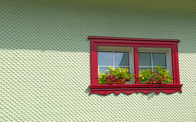 house window in Bludenz Austria with red trim and petunias in flower box