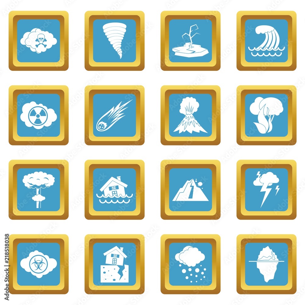 Poster natural disaster icons set in azur color isolated vector illustration for web and any design