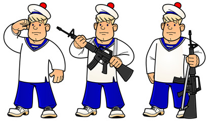 Cartoon young sailor. Armed patrol, guard. A set of images.