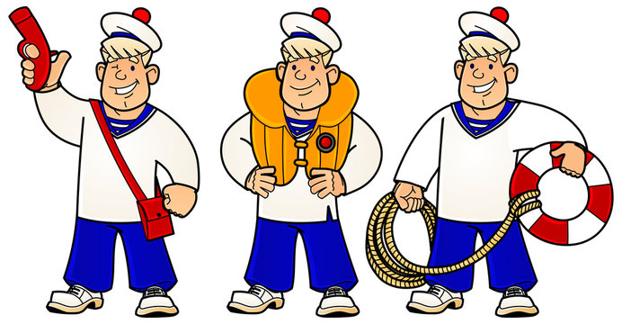 Cartoon young sailor. Rescue work on the water. A set of images.