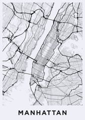 Light Manhattan (New York) map. Road map of Manhattan (NYC). Black and white (light) illustration of Manhattan's streets. Transport network of Manhattan. Printable poster format (portrait). - 218518497