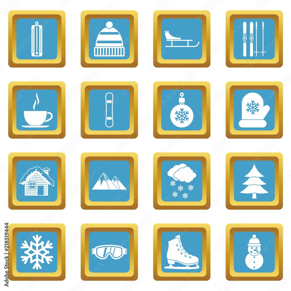 Poster winter icons set in azur color isolated vector illustration for web and any design