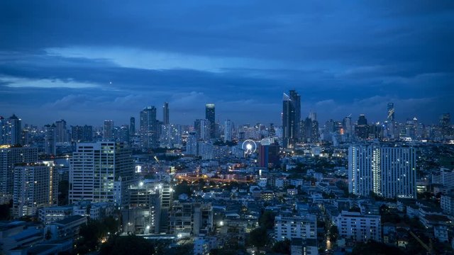 Day to night timelapse of Bangkok city view in Asiatique area