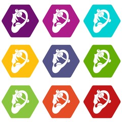 Human ear with piercing icon set many color hexahedron isolated on white vector illustration